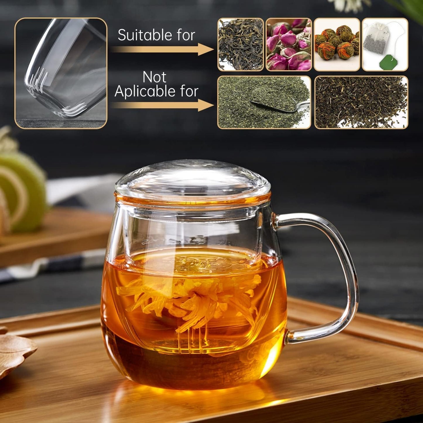 Glass Teacups 2 Pack Glass Tea Cup with Infuser and Lid, 17.6oz/520ml Large Borosilicate Teacup,Tea Clear Mug Cup for Loose Leaf Blooming Tea, Microwave & Dishwasher Safe