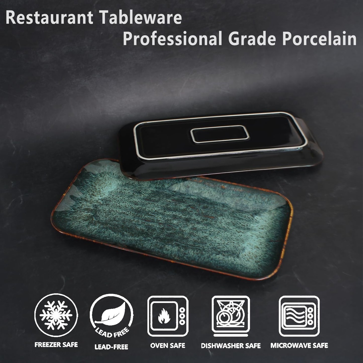 Ceramic Serving Dinner Plate Set, 4-Piece for Main Meals, Tacos, Lunches, Snack, Platters - Microwave and Dishwasher Safe, Scratch Resistant, Kitchen Serving Dinnerware, Black 12.4 Inch