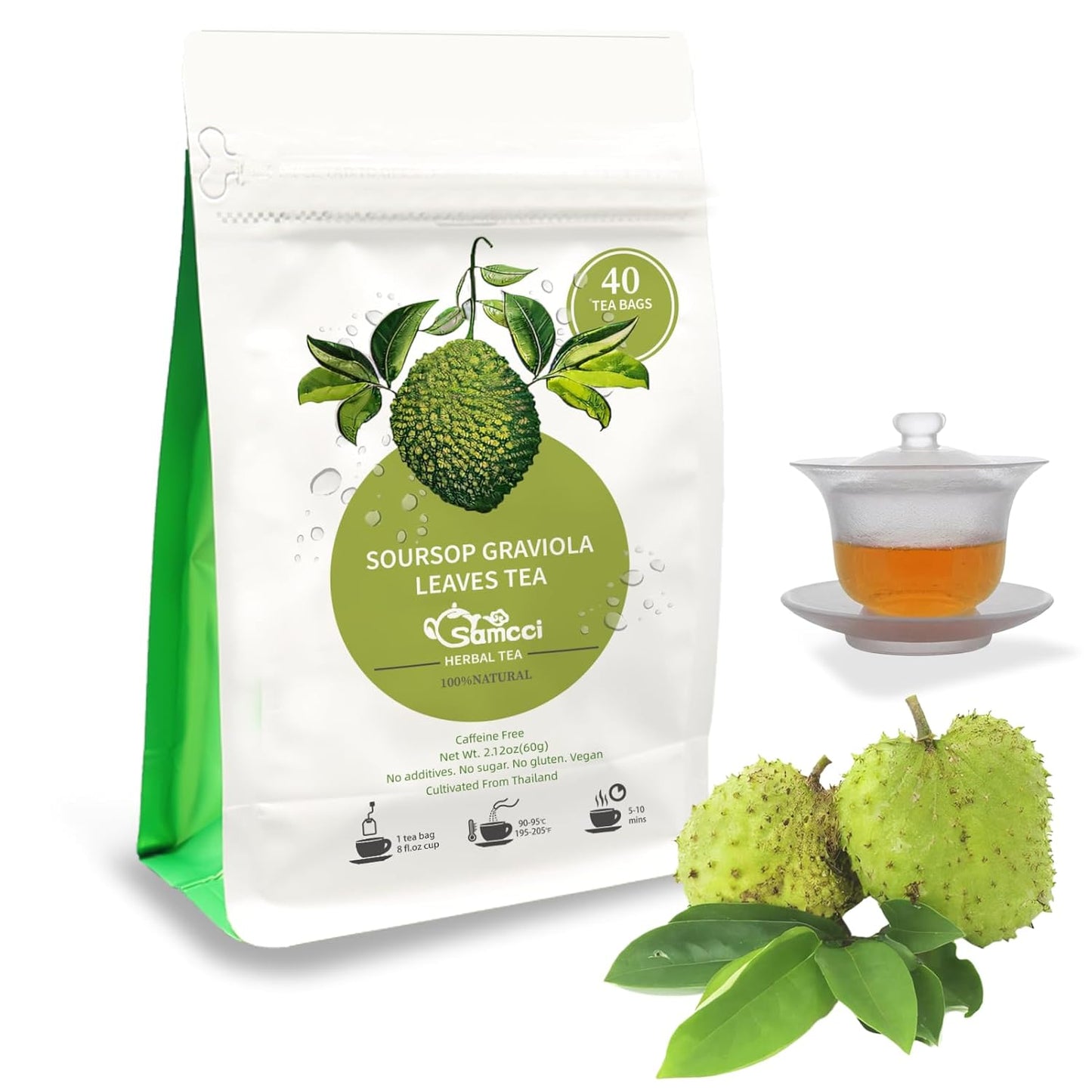 Samcci - Soursop Leaves Tea Bags, 40Teabags, 1.5g/bag, 100% Pure Sour Sop Graviola leaves Tea - Hojas De Guanabana Tea - Improve Digestion - Promotes Skin Health - Non-GMO - Caffeine-Free