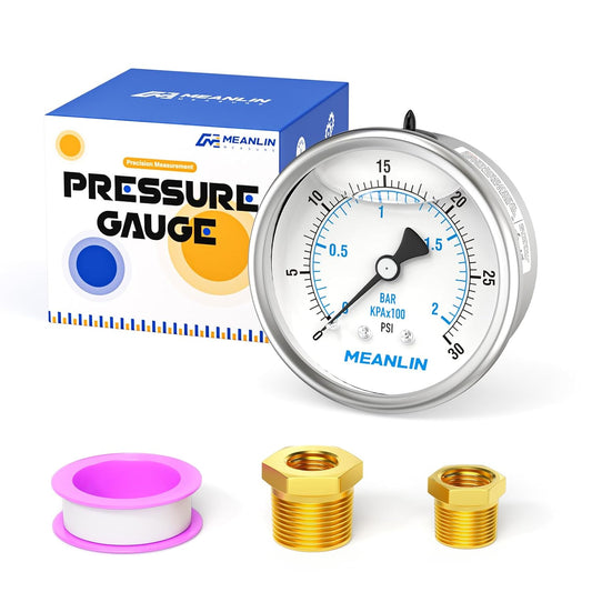 MEANLIN MEASURE 0~30Psi Stainless Steel 1/4" NPT 2.5" FACE DIAL Liquid Filled Pressure Gauge WOG Water Oil Air Center Back Mount, with 1/2" NPT and 3/8" NPT Hex Bushing