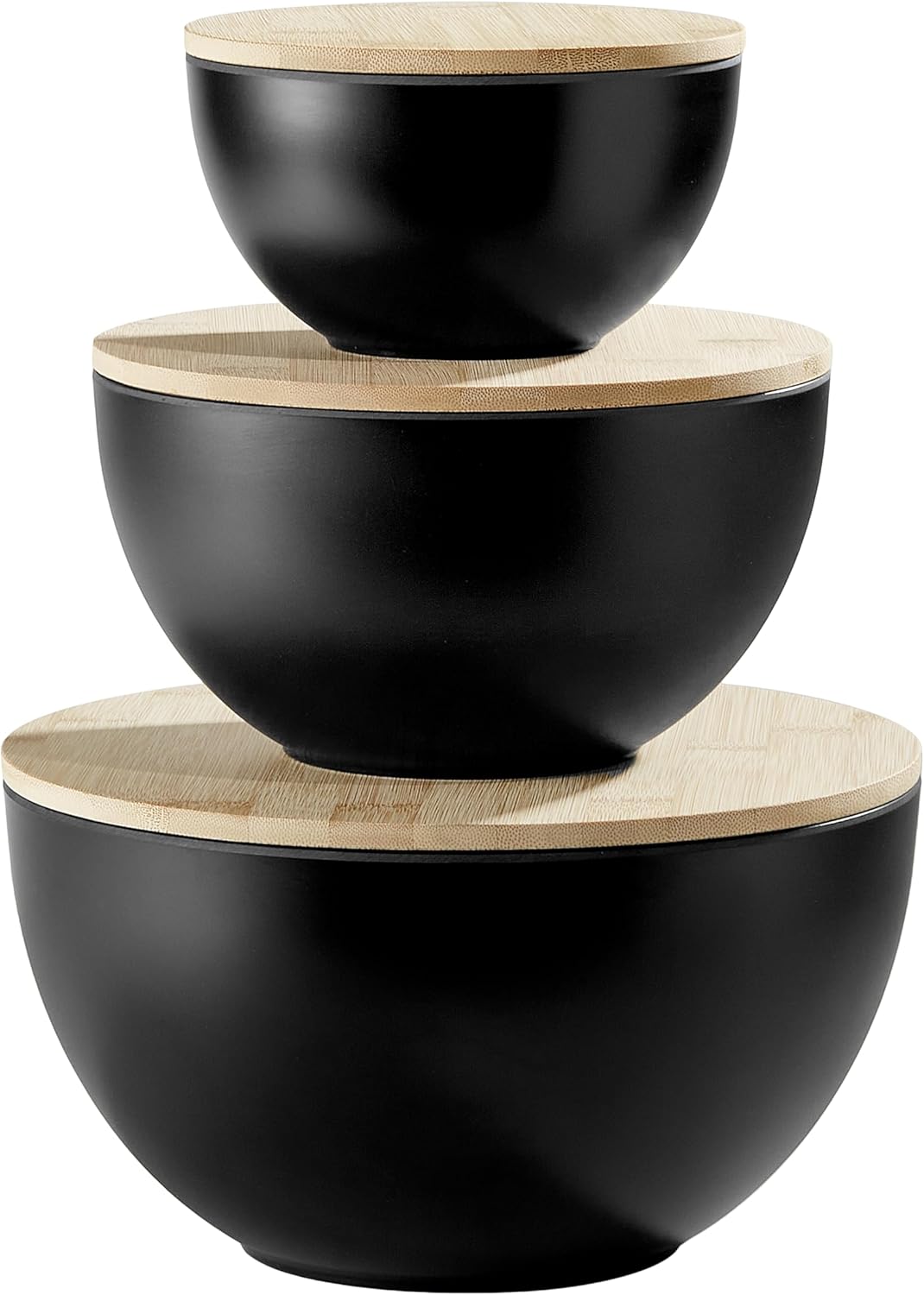 JOYMAY Salad Bowls, Mixing Bowl Salad Bowl Set, Natural Bamboo Fiber Serving Bowl Set of 3 with Bamboo Wood Lid, Nesting Bowls for Salads,Pastas(Black,10",8",6")