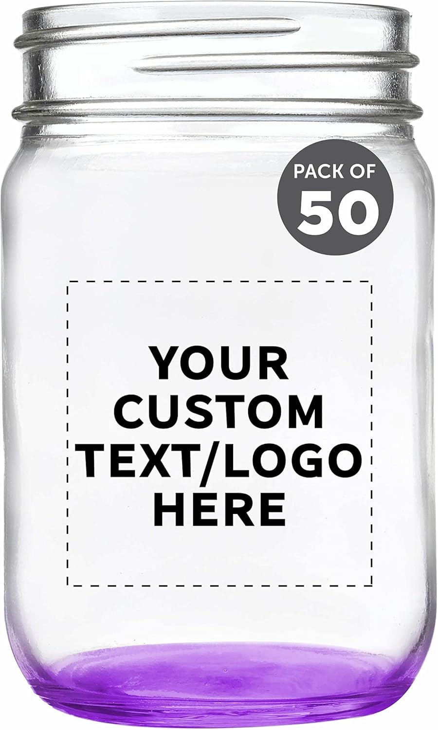 DISCOUNT PROMOS Custom Decorating Mason Jars 12 oz. Set of 50, Personalized Bulk Pack - Glass Jars for Overnight Oats, Candies, Fruits, Pickles, Spices, Beverages - Purple