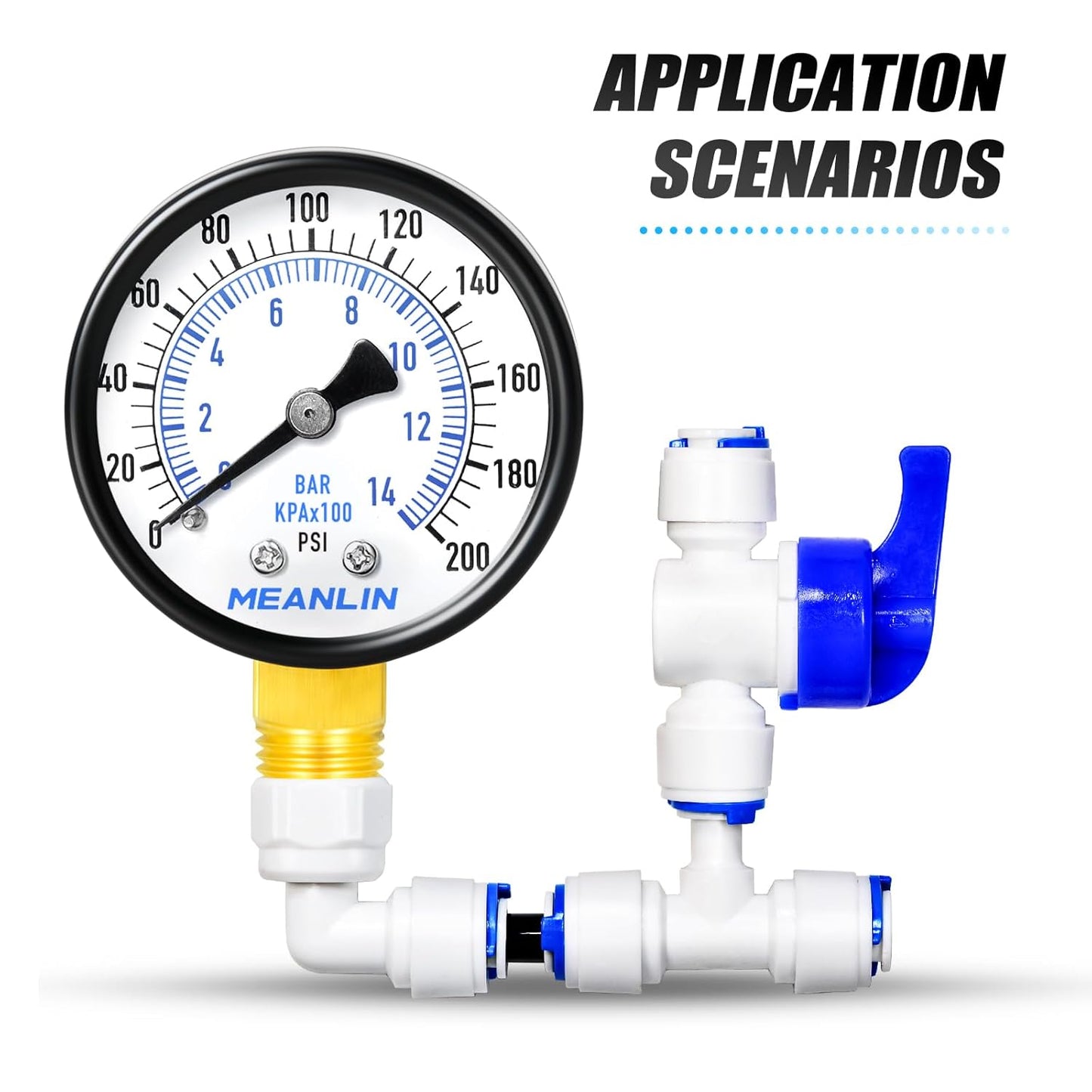 MEANLIN MEASURE 0-200Psi Well Pump Pressure Gauge 1/4" NPT 2" FACE DIAL for Air Compressor Air Regulator Water Filter Lower Mount, with Teflon Tape