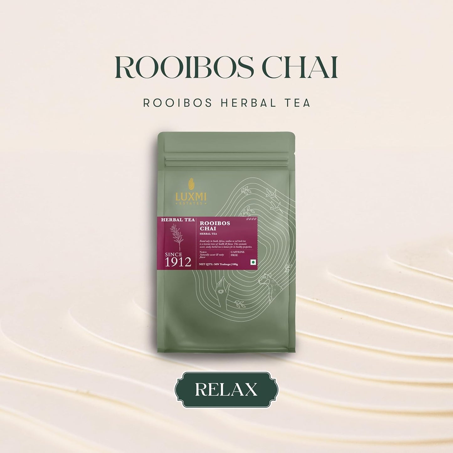 Luxmi Estates Rooibos Chai Organic Rooibos Tea with Spices (50 Tea Bags) Caffeine Free Tea Bags For Relaxing, Calming, and Stress Relief, With Certified Organic Rooibos Tea