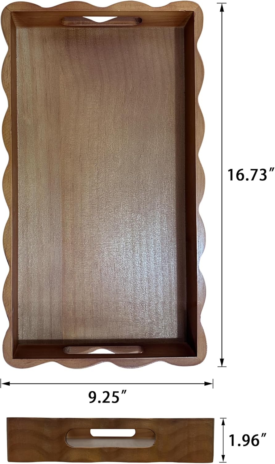 JUIOETURPine Wood Decorative Tray with Handle Rectangular Wooden Serving Tray for Breakfast in Bed,Coffee Table,Dining Table,or Kitchen - Perfect for Living Room,Bedroom,and Entryway Decor (Brown)