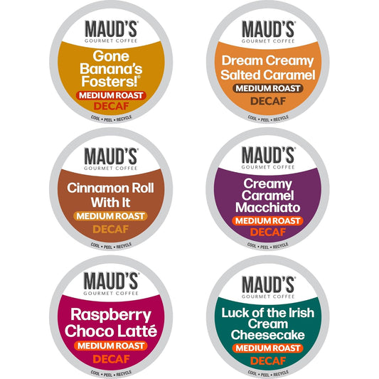 Maud's Flavored Decaf Coffee Pods Variety Pack, 24 ct, 6 Assorted Roasts & Flavors, Decaf Medium Roast Coffee in Recyclable Single Serve Pods - 100% Arabica Coffee, Compatible with Keurig K Cups Maker