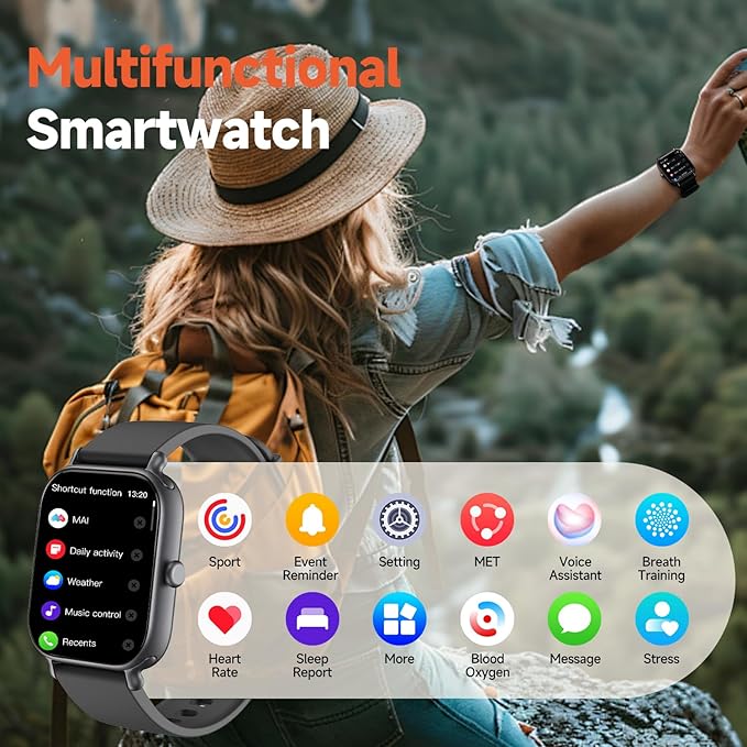Smart Watch for Women & Men 2.0 HD Screen IP68 Fitness Tracker with Heart Rate, SpO2, Sleep Monitor, Bluetooth Call (Answer/Make),110+ Sport Modes, iPhone/Android Compatible(Black)