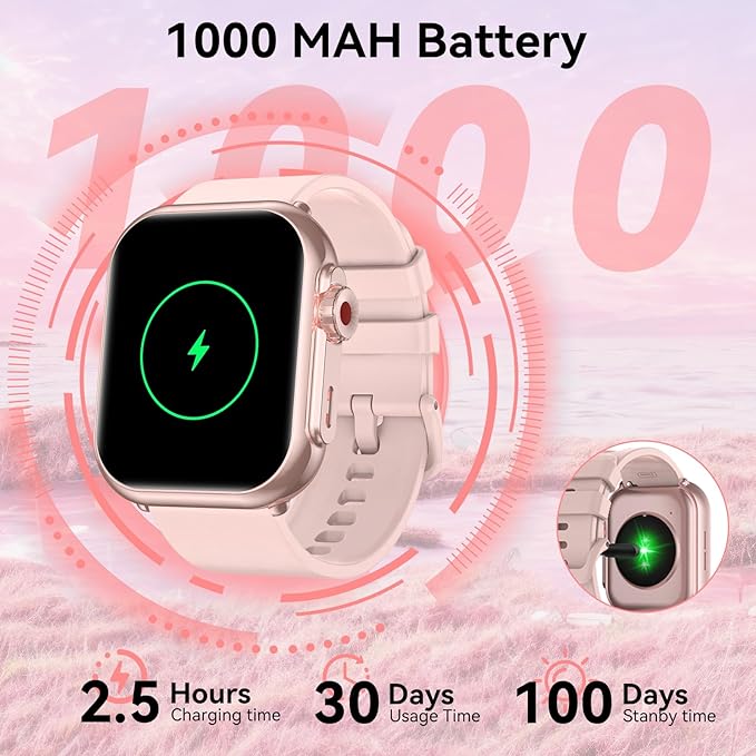 Smart Watch for Men Women, 1000 mAh 100 Day Battery Life, 1.85" Fitness Tracker with Call Function, 110+ Sport Modes, Heart Rate, Sleep Monitor Fitness Watch, IP68 Waterproof, Compatible iOS Android