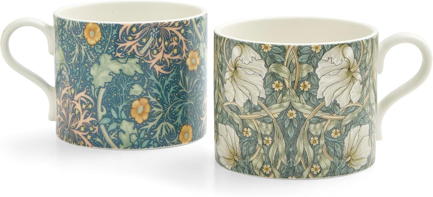 Spode Morris & Co 12oz Mug, Set of 2 - Porcelain Drinkware for Tea or Coffee, Microwave & Dishwasher Safe Cups for Kitchen Shelf Display or Home Coffee Bar Accessories (Seaweed & Pimpernel)
