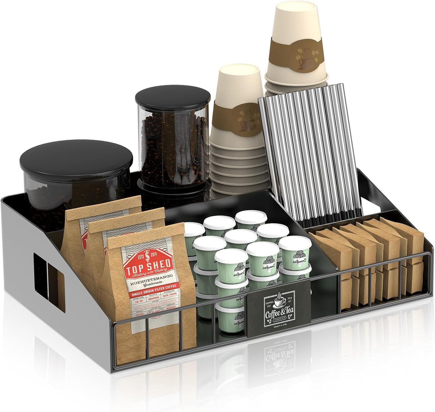 Metal Coffee Station Organizer for Countertop - Coffee Bar Organizer with Designable DIY Logo, K Cup Pods Holder & Tea Condiment Storage - Rustic Breakroom Kitchen Decor in Balck