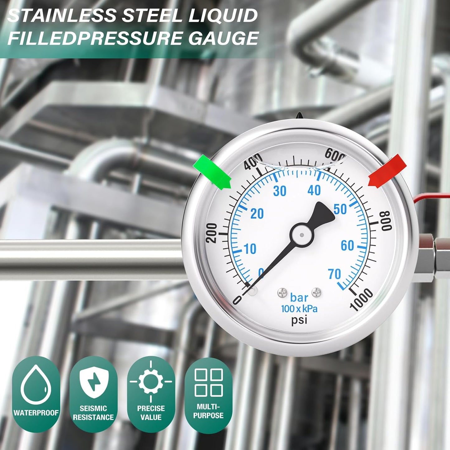 0-1000PSI Stainless Steel Liquid Filled Pressure Gauge, 2.5" Dial Size, 1/4" NPT Back Mount, for Tube, Water Pump, Gas, Liquid, Pressure Test (with Range Mark Pointer)