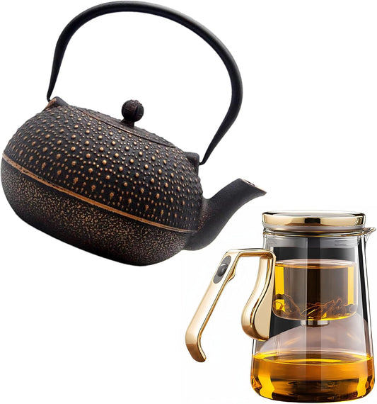 25.4oz Magnetic Glass Teapot Set with 60.9oz Cast Iron Tea Kettle for Stovetop, Small Enchanted Brewing Tea Pot, Witchcraft Magic Borosilicate Tea Set with Strainer for Loose Leaf