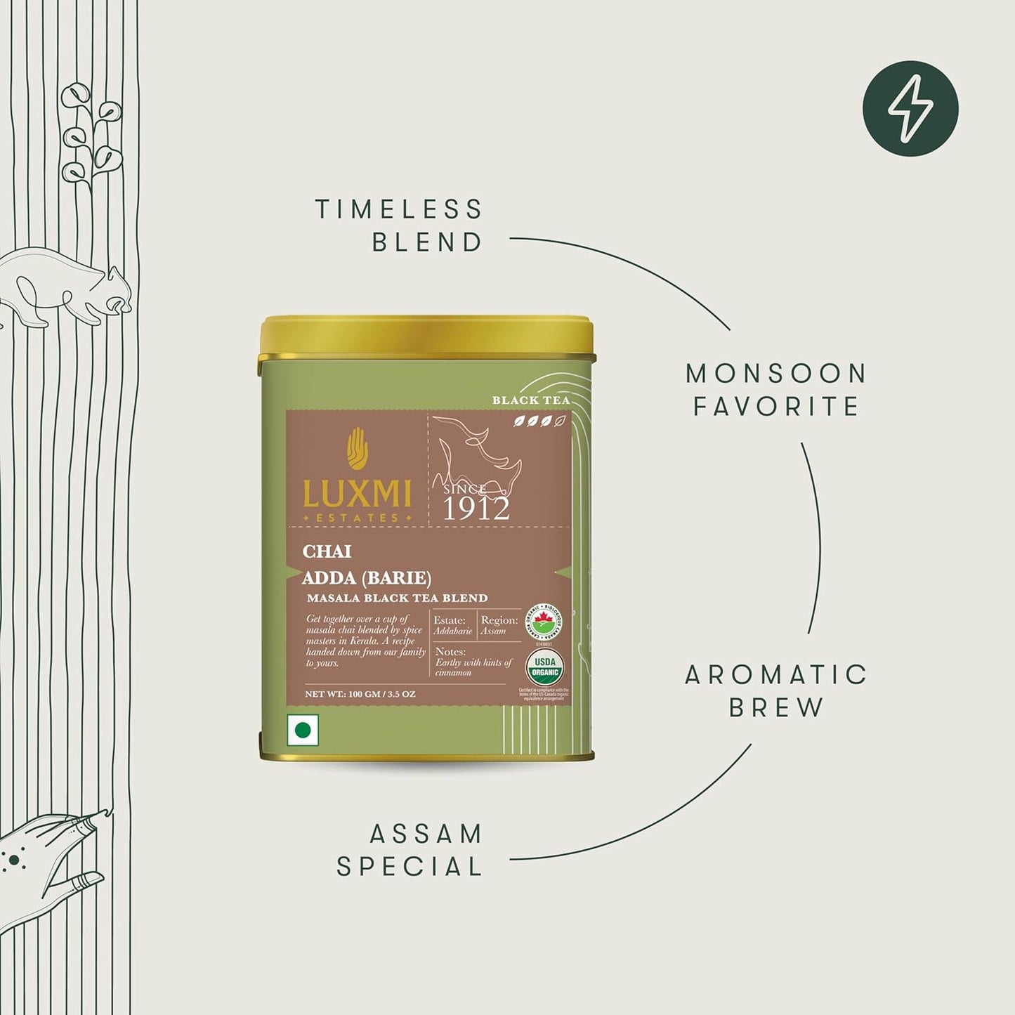 Luxmi Estates Chai Adda-Bari 100gm Tin | Masala Chai | Certified Organic Black Tea