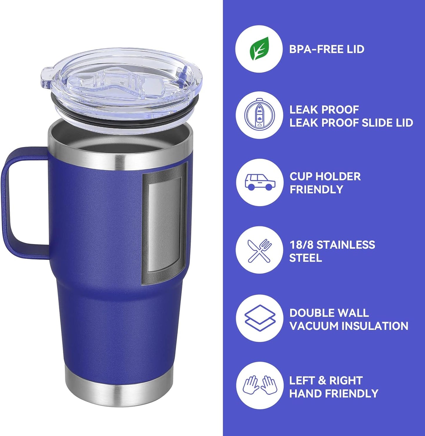 VEGOND 20 oz Tumbler Bulk with Handle Lid and Straw, Stainless Steel Insulated Travel Coffee Mug Set, Spill Proof Double Wall Metal Tumblers Cups, Royal Blue 6 Pack