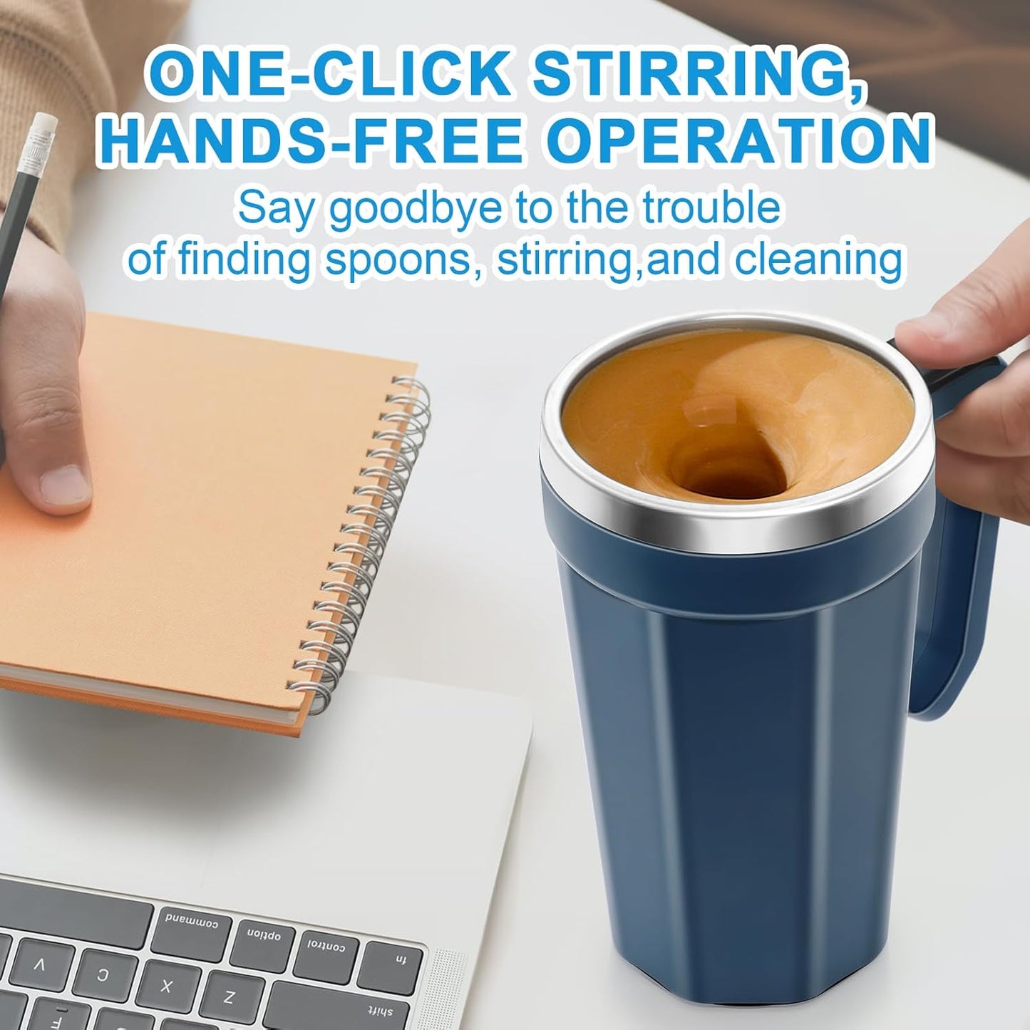 Self Stirring Coffee Mug with Temperature Display, 15oz Automatic Magnetic Mixing Cup, Rechargeable Travel Mug for Coffee, Milk, Cocoa - (Deep Blue)