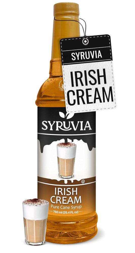 Syruvia Irish Cream Syrup for Coffee - 25.4 fl oz. Kosher and Gluten-Free. Perfect for Enhancing Drinks, Sodas, Shakes, Desserts, and More.