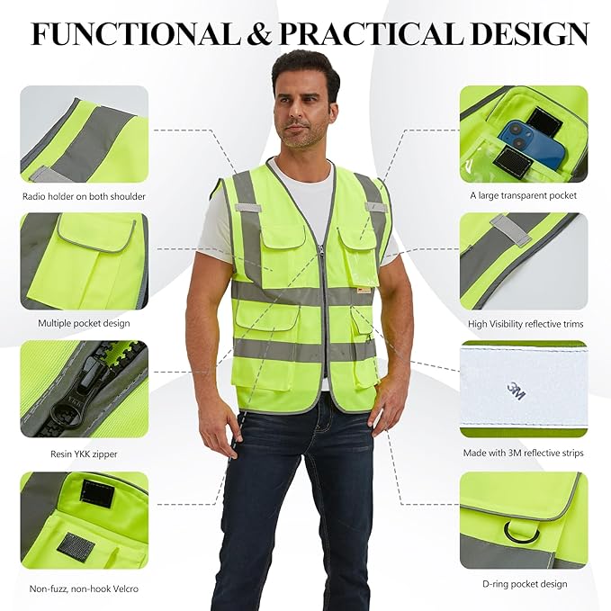 SIFE Reflective Safety Vest High Visibility Vest With 7 Pockets And YKK Zipper, ANSI/ISEA Class 2 Standard, Made With 3M Reflective Tape(03YG-Yellow Mesh,L)