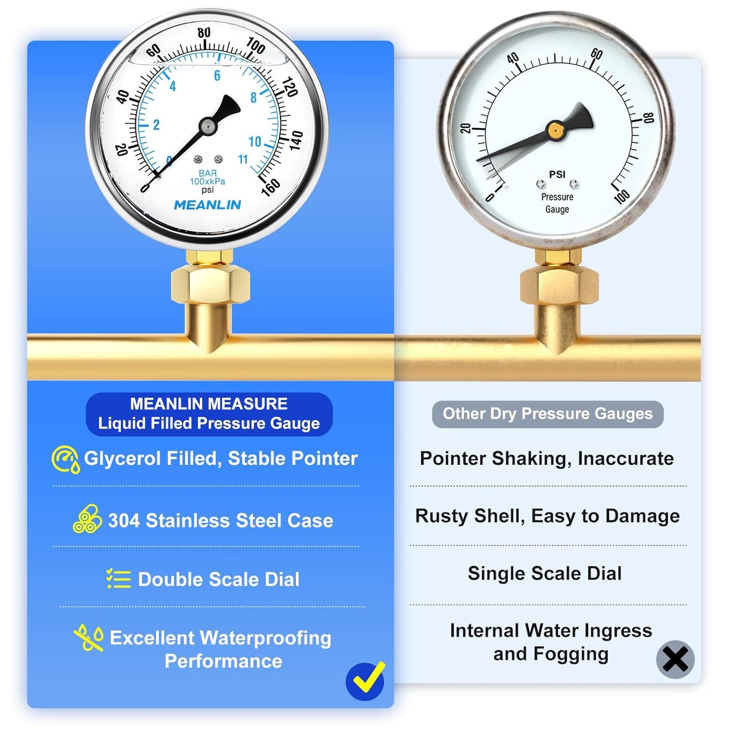 MEANLIN MEASURE 0~160Psi Stainless Steel 1/4" NPT 4" FACE DIAL Liquid Filled Pressure Gauge WOG Water Oil Air Lower Mount, with 1/4" x 1/2" NPT and 1/4" x 3/8" NPT Hex Bushing