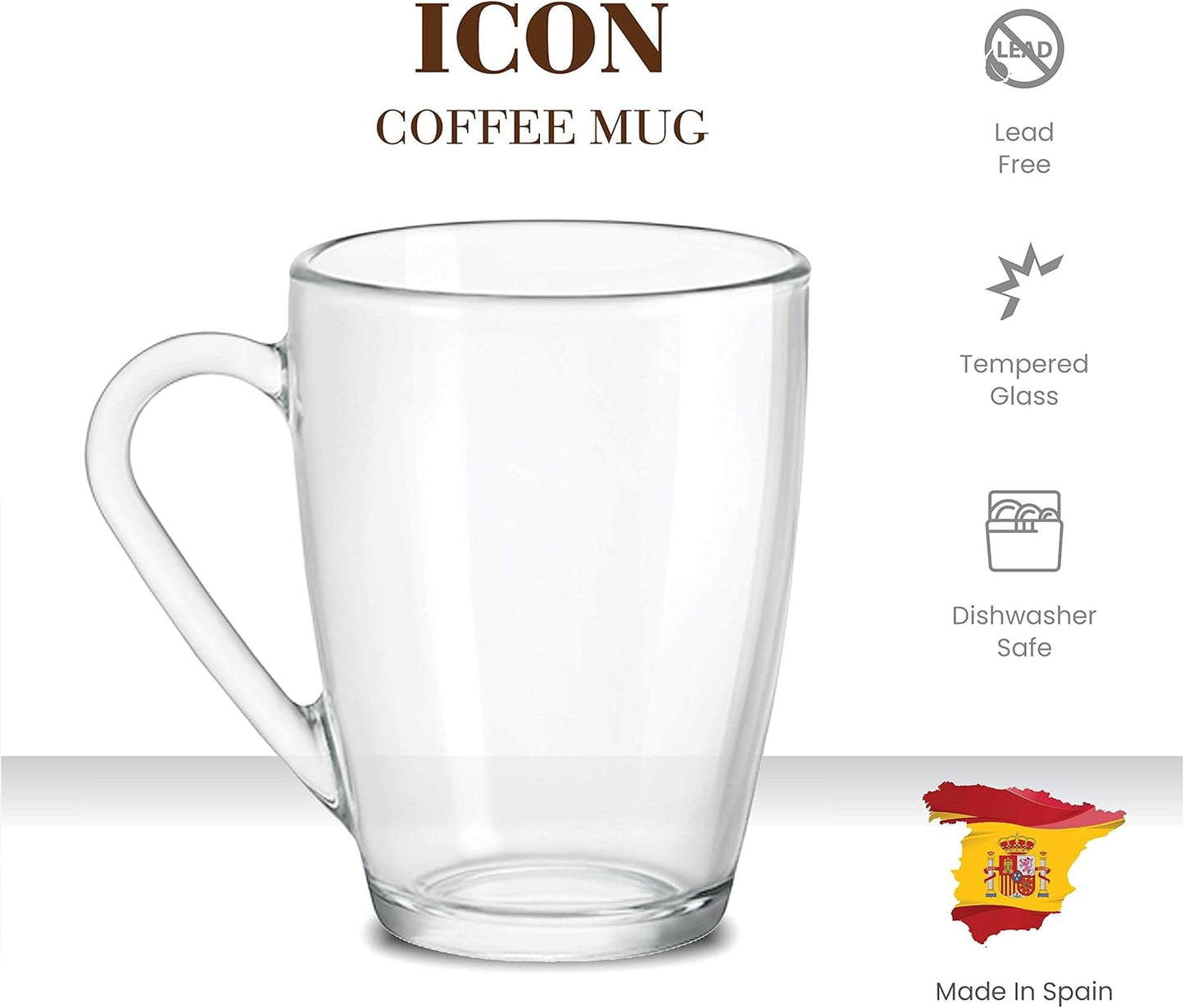Bormioli Rocco Glass Coffee Mug Set, (6 Pack) 10¾ Ounce with Convenient Handle, Tea Glasses for Hot/Cold Beverages, Thermal Shock Resistant, Tempered Glass, for Cappuccino, Latte, Espresso, clear.