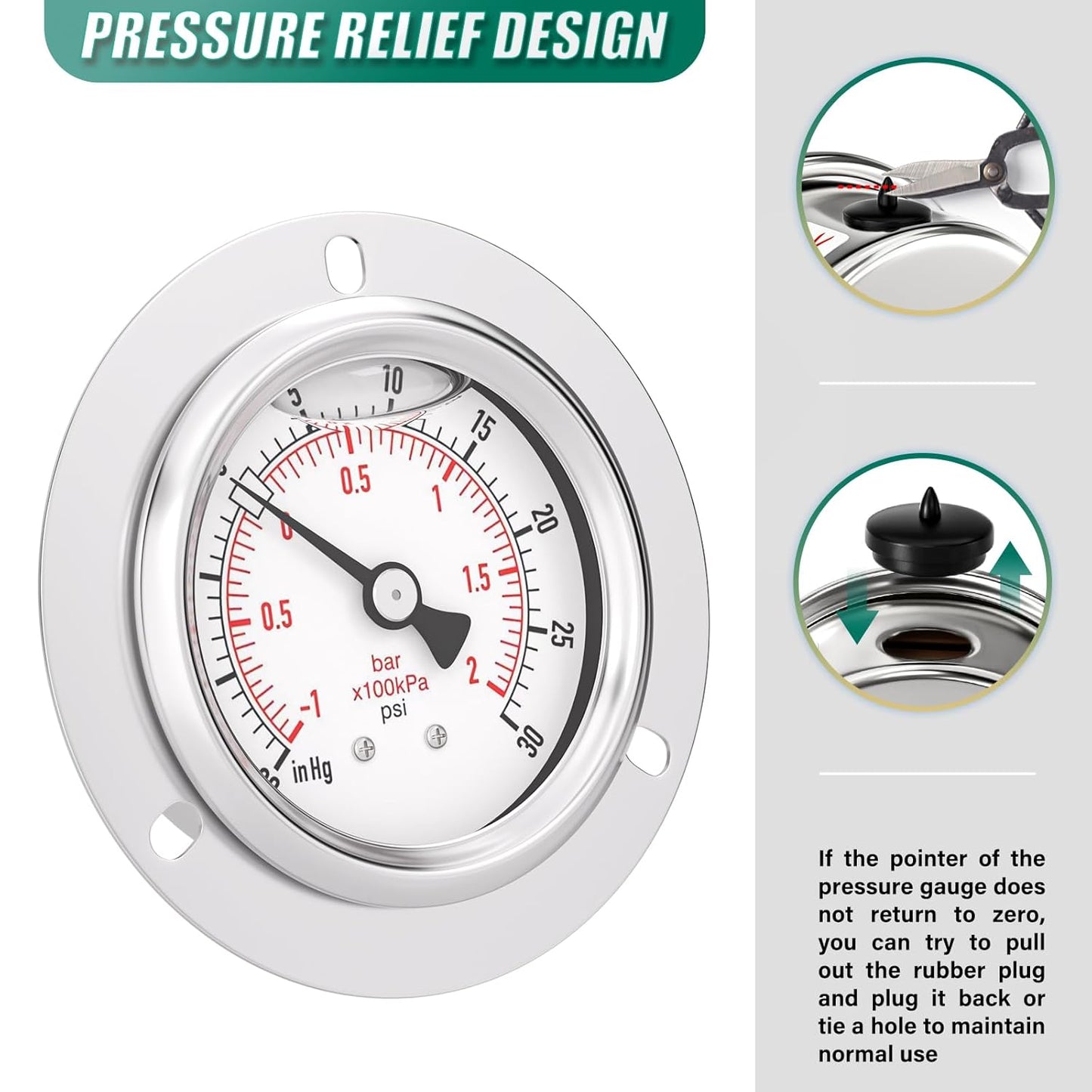 -30inHG-30PSI Panel Mount Front Flanged Glycerin Filled Pressure Gauge, 2.5" Dial Size, 1/4" MNPT Back Mount, Stainless Steel Case, with Phillips Screw and Nut, for Water, Gas, Liquid