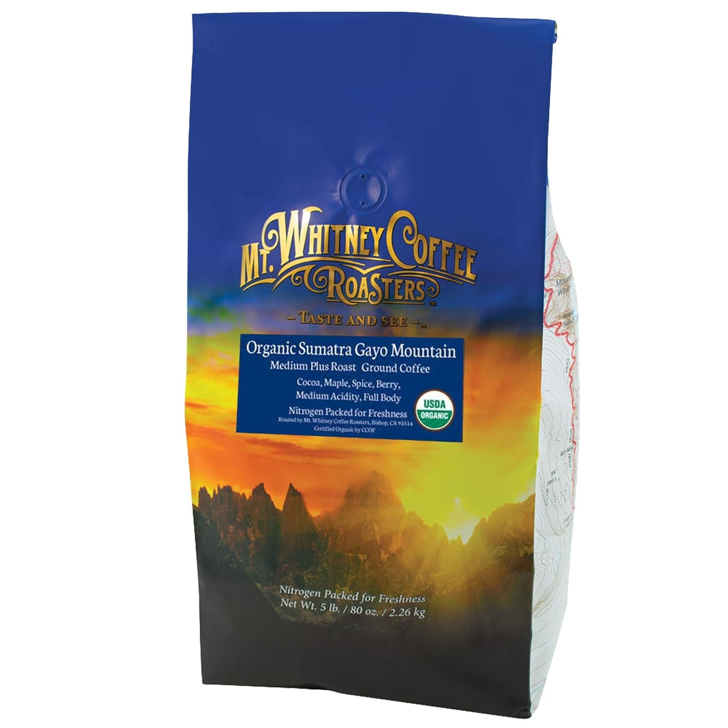 Mt. Whitney Organic Gayo Mountain Sumatra, Medium Dark Roast, Low Acid Coffee (Ground, 5 Lb)
