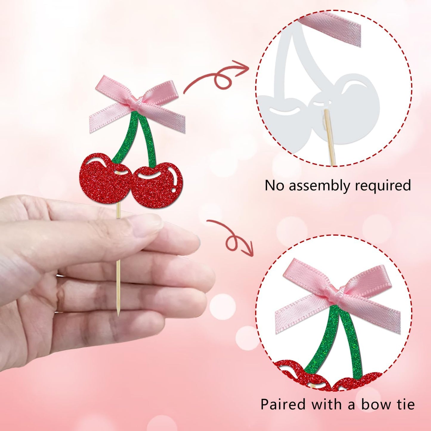 24 Pack Cherry Cupcake Toppers, Glitter Sweet Cherry Cupcake Pick for Fruits Theme Baby Shower and Birthday Decorations Supplies