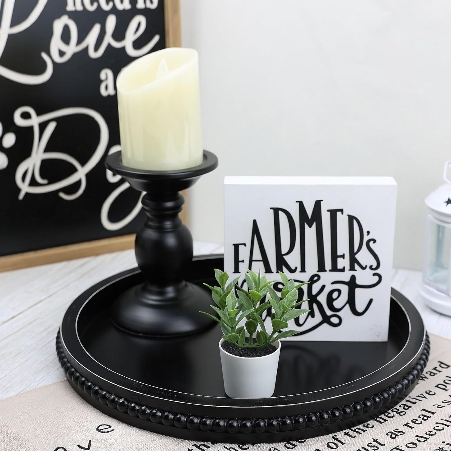 Black Round Wood Decorative Ottoman Tray for Coffee Table Kitchen Counter, Living Room, Handcrafted Wooden Serving Tray for Table Centerpiece