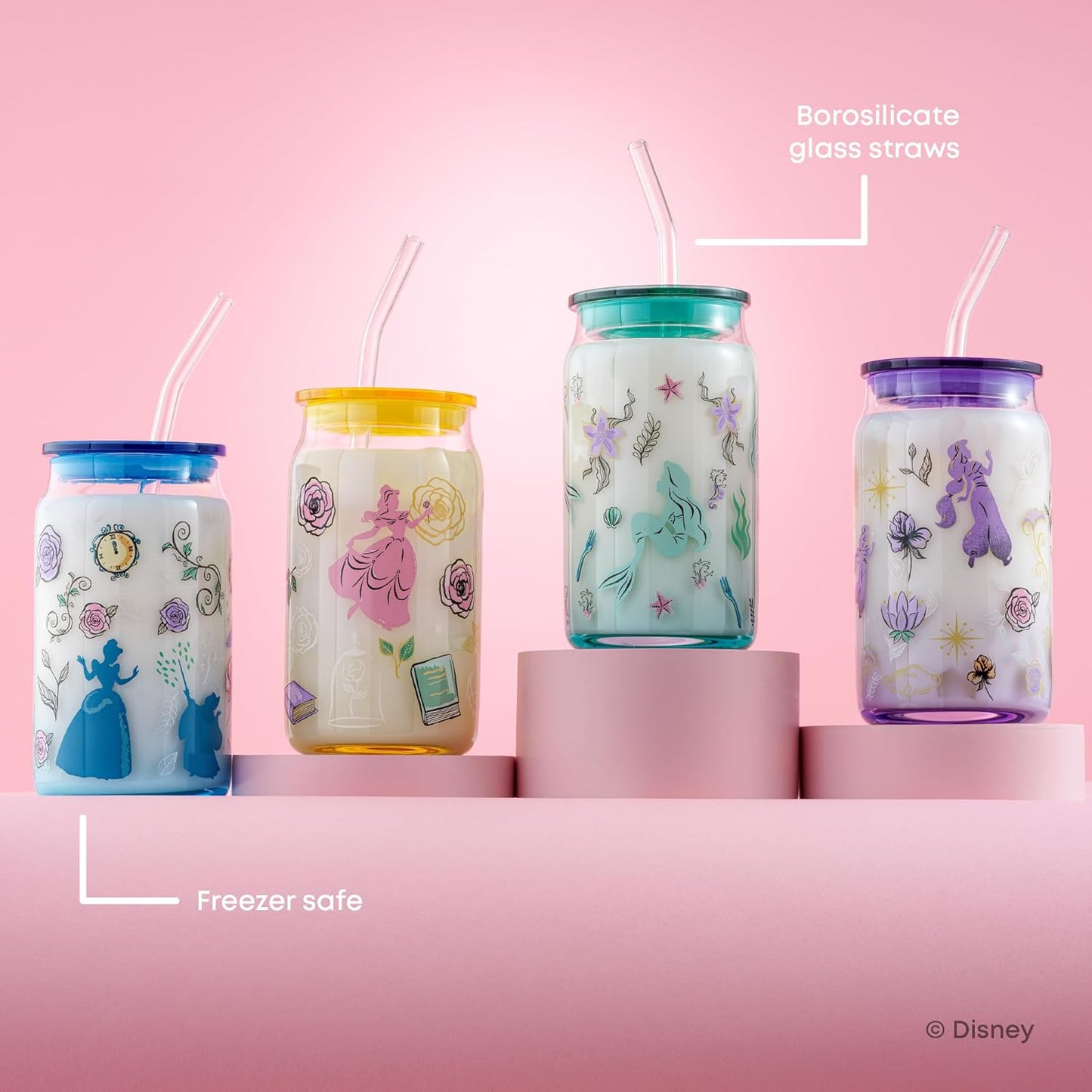 JoyJolt Disney Princess Icon Glass Tumblers with Lids and Straws, 16oz Glass Cups with Lids and Straws ft Princess Jasmine Ariel Cinderella Belle, 4pc Can Shaped Drinking Glasses, Iced Coffee Cups