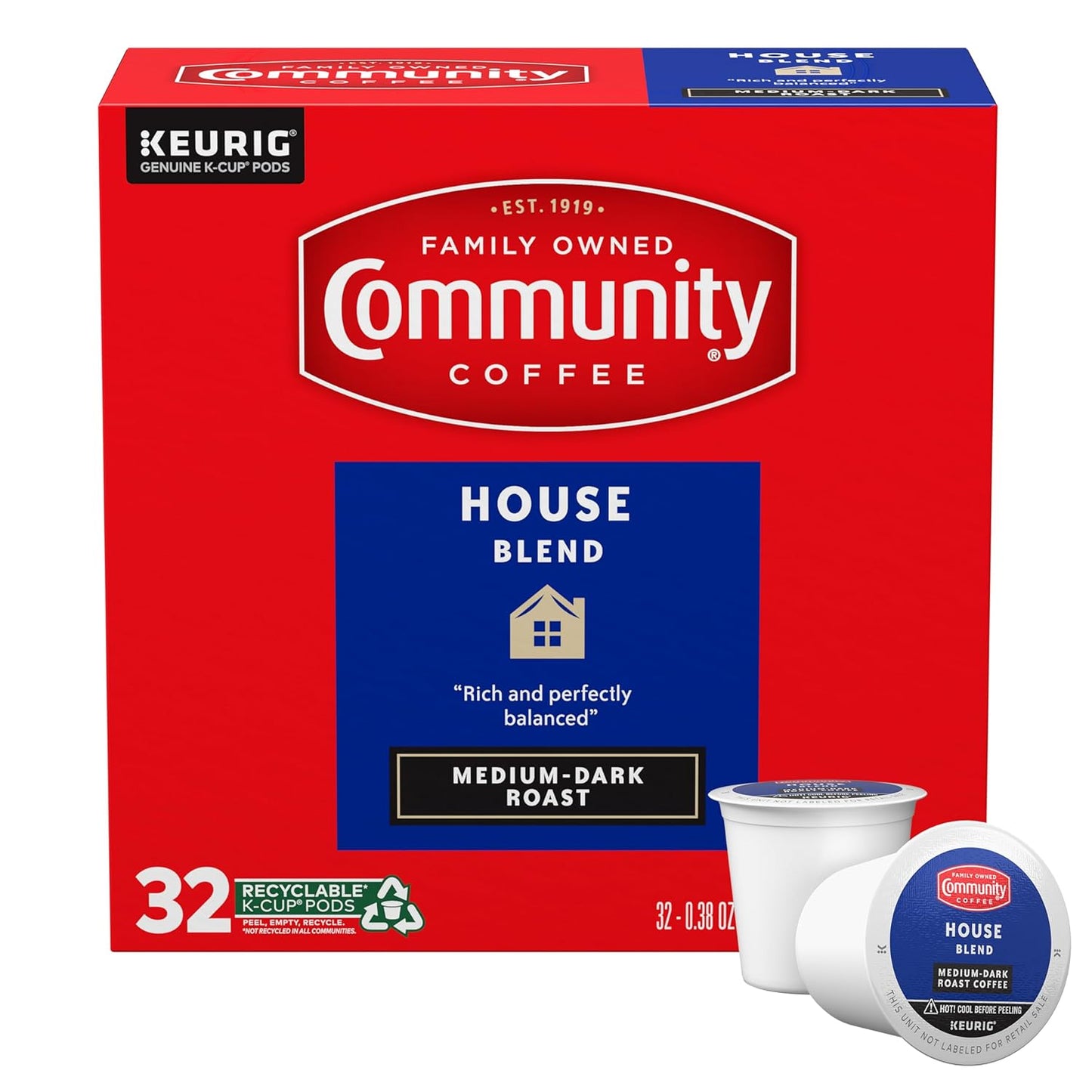 Community Coffee House Blend Medium-Dark Roast Single Serve Keurig K-Cup Pods 32 ct Box