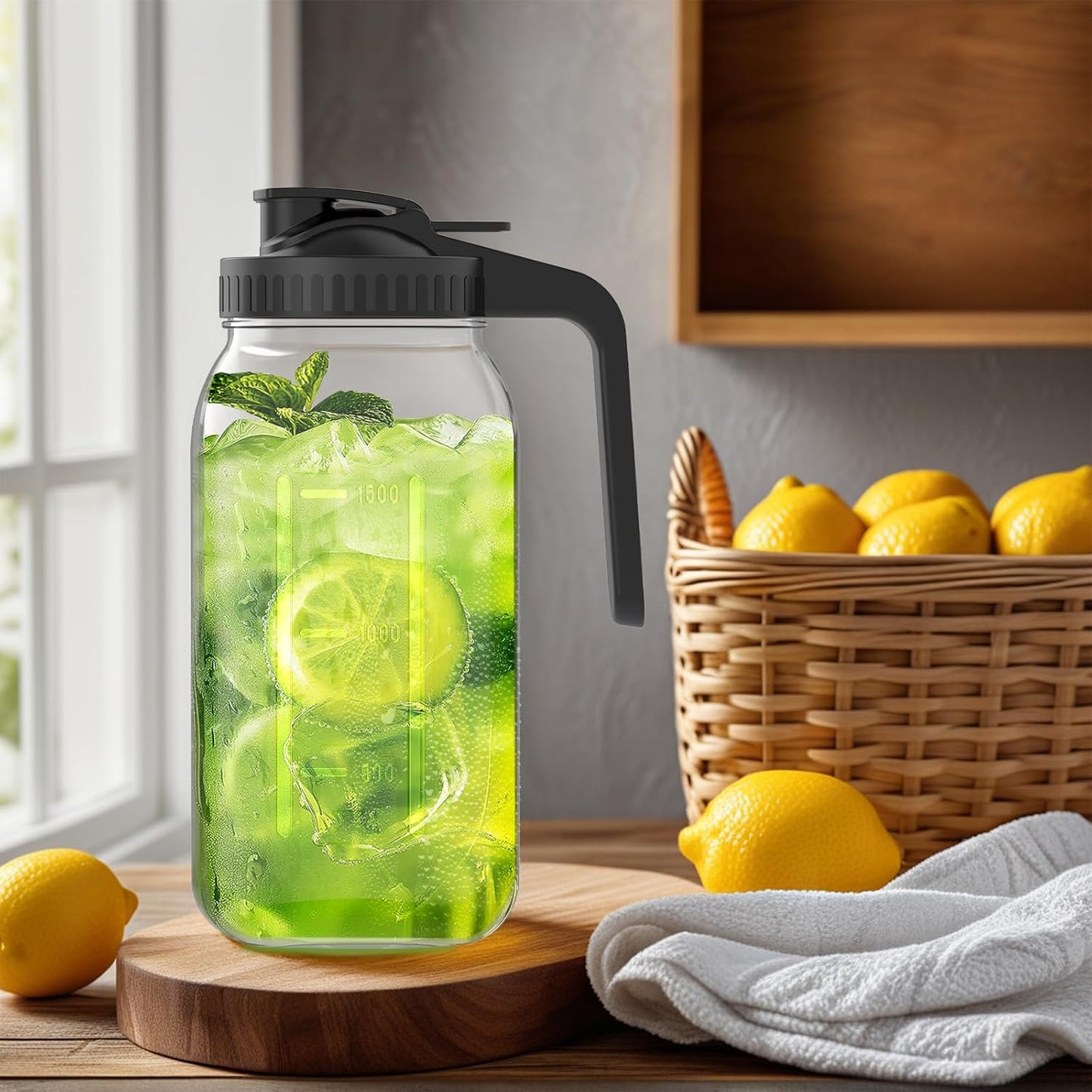 2-Pack 64oz Glass Mason Jar Pitchers with Leak-Proof Lids and Handles – Wide Mouth Design for Sun Tea, Cold Brew, Lemonade, Juice, Iced Tea, and Water