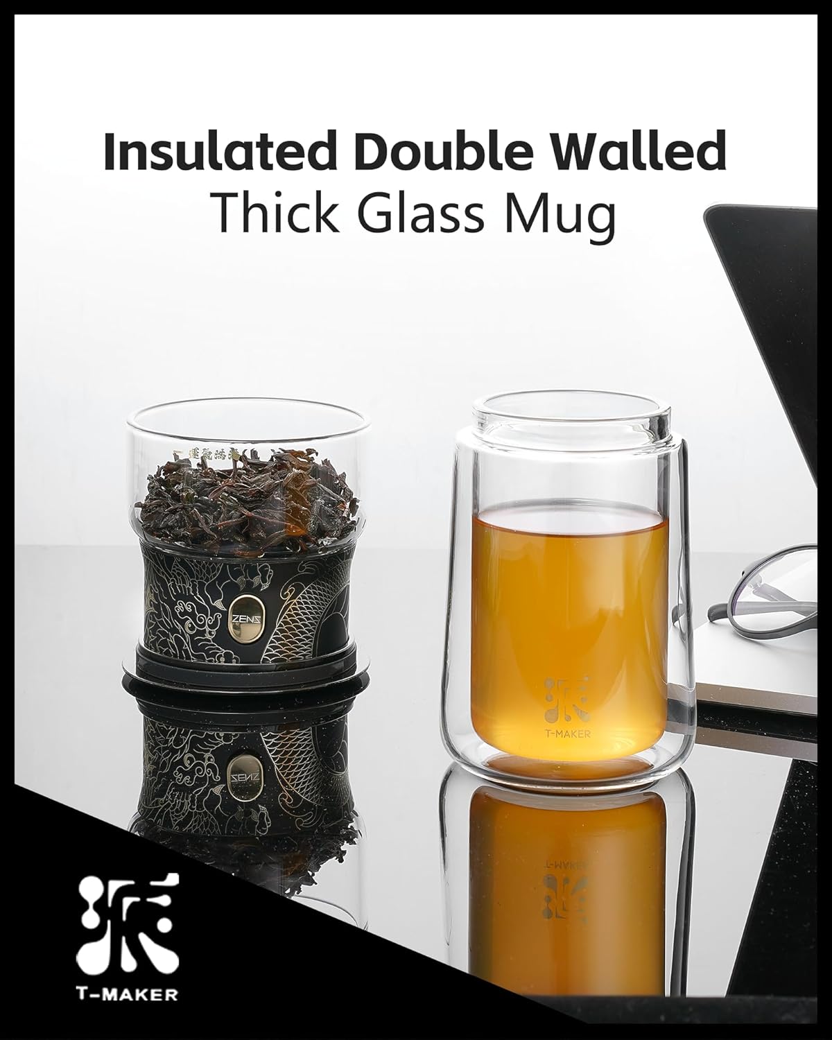 ZENS Cool Glass Teapot with Infuser, Smart One Touch Tea Maker for Loose Tea Diffusers with Insulated Mug and Portable Tea Kits, Enchanted Teapot Alternatives for Tea Lover Gifts