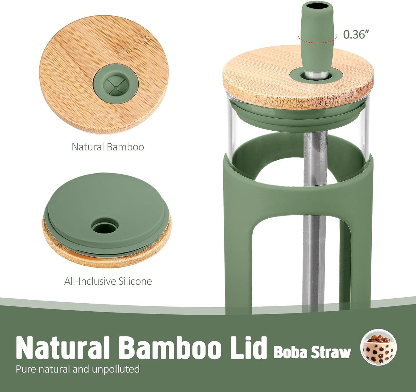 Kodrine 24oz Glass Tumbler with 2 Lids and Straws, Glass Cup With Bamboo Lid and On-the-go Lid, Reusable Iced Coffee Cup, Ideal for Smoothie, Cold Drinks, Fit Cup Holder, BPA Free (1, Olive)