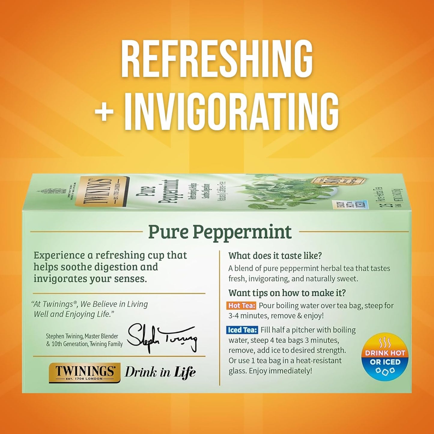 Twinings Pure Peppermint Herbal Tea Individually Wrapped Bags, 25 Count (Pack of 6), Fresh Minty Flavour, Naturally Caffeine-Free, Enjoy Hot or Iced, 150 Teabags