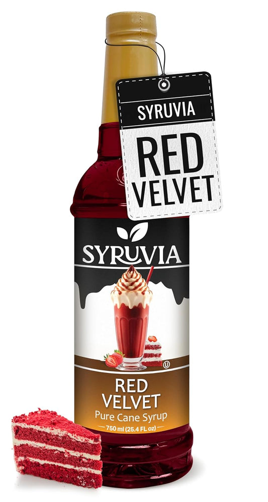 Syruvia Red Velvet Coffee Syrup - 25.4 fl oz - Kosher Coffee Syrups, Gluten Free, No Coloring, Perfect for Drinks, Soda, Shakes, Desserts, and More.