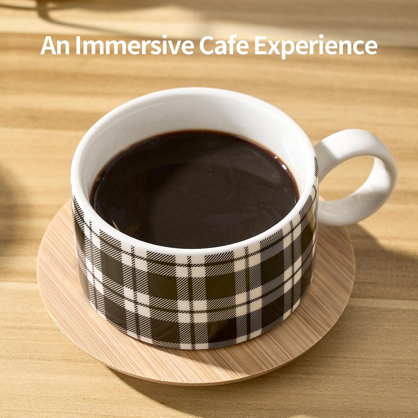 LUKA Porcelain Espresso Cup with Metal Stand,6 Ounce Stackable Ceramic Demitasse Espresso Mugs Cappuccino Cups Set for Latte,Coffee,Cafe Mocha,Tea - Set of 4 (Plaid Red & Gray)