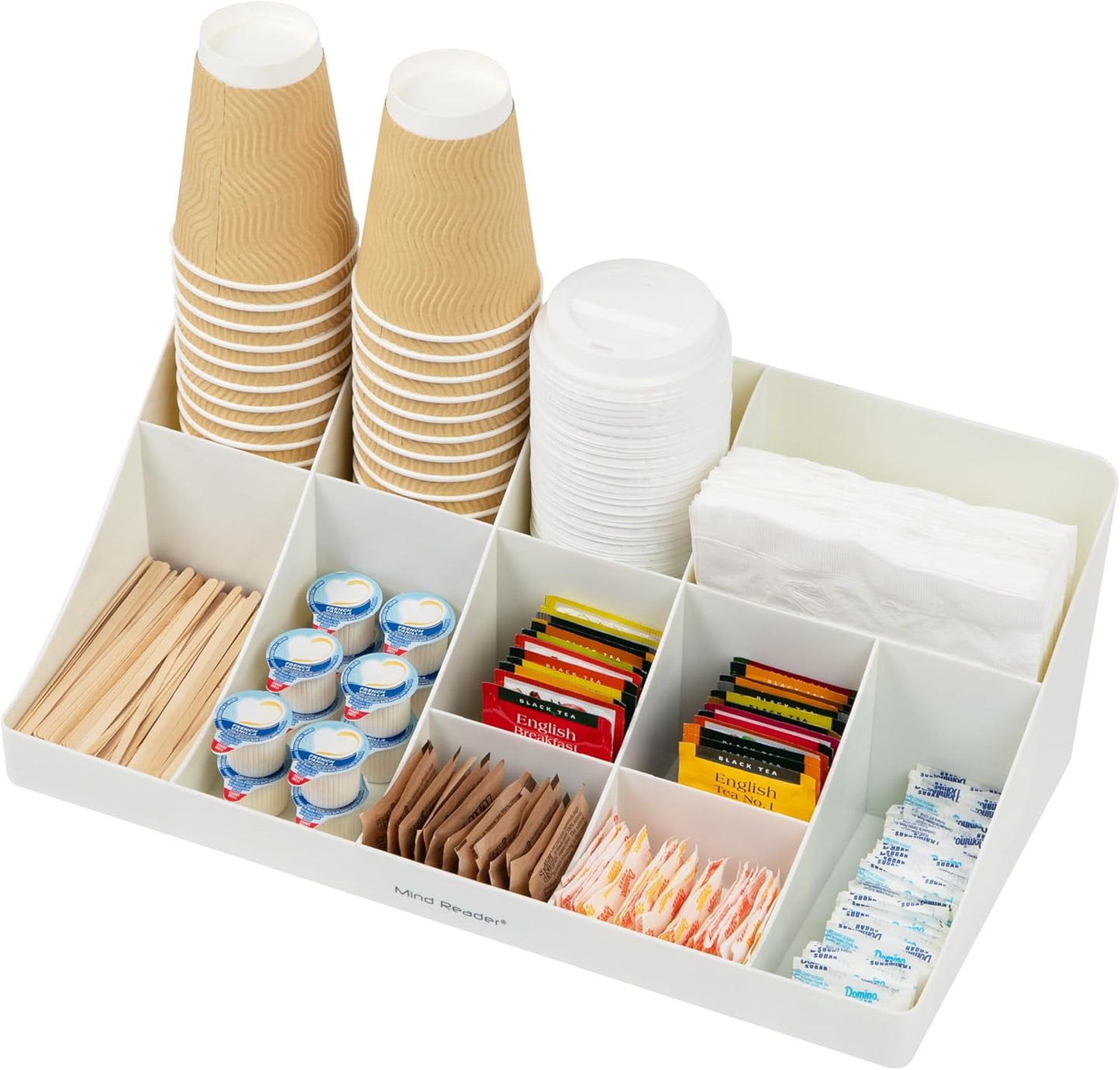 Mind Reader Cup and Condiment Station, Countertop Organizer, Coffee Bar, Kitchen, Stirrers, 17.875"L x 9.5"W x 6.625"H, White