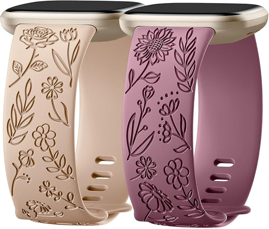 SNBLK 2 Pack Engraved Bands Only Compatible with Fitbit Versa 3/Fitbit Sense/Fitbit Versa 4/Fitbit Sense 2 Bands Four Models, Sunflower Rose Elegant Soft TPU Floral Pattern Replacement Strap Women