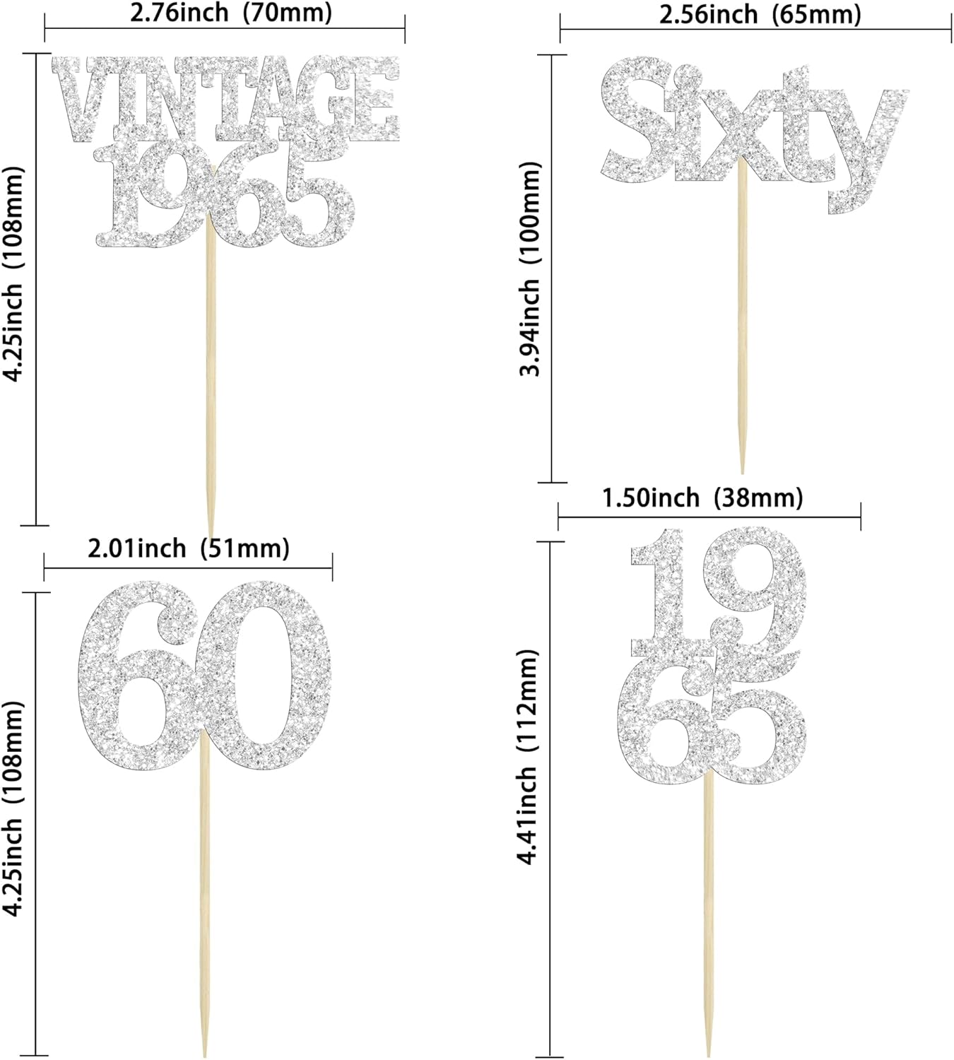 Gyufise 24Pcs 60th Birthday Cupcake Toppers Cheers to 60 Fabulous Sixty Cupcake Picks Vintage 1965 Decorations for 60th Birthday Wedding Anniversary Party Cake Decorations Supplies Silver