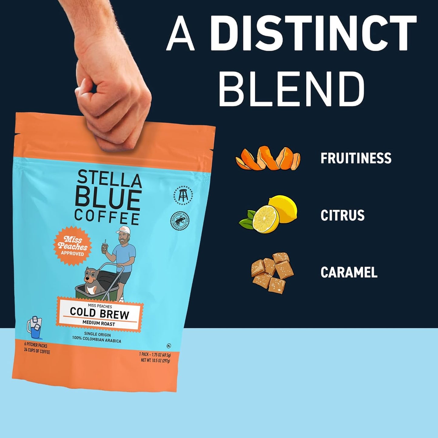 STELLA BLUE Fresh Cold Brew Coffee | Miss Peaches Blend | 100% Single Origin Arabica MEDIUM Roast | Ethically & Sustainably Sourced from Colombia | Helps Support PAWS Chicago | 6 Packets to Make 24 Cups