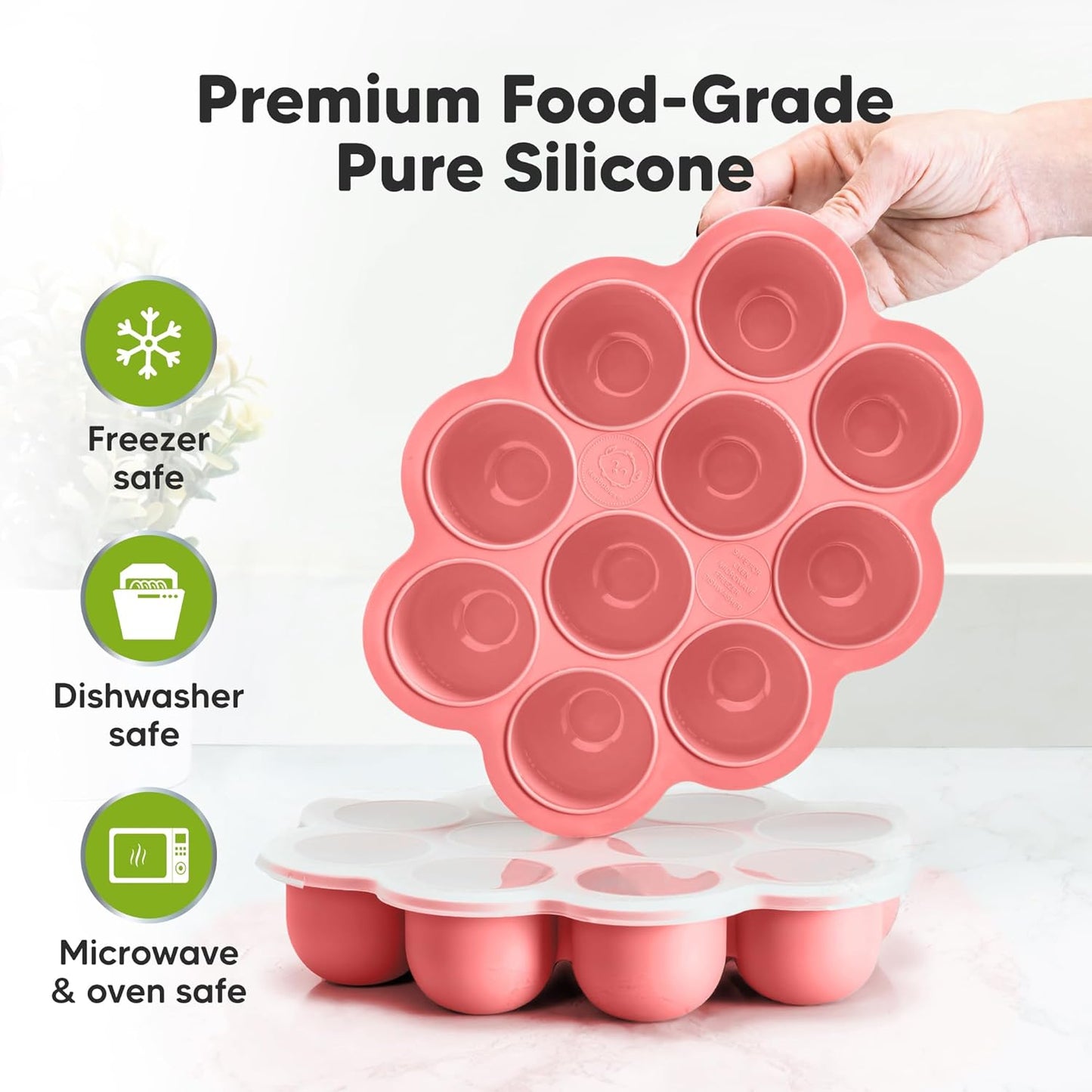 KeaBabies Silicone Food Freezer Trays with Lid, 2oz x 10 Pods Baby Food Storage Containers, Easy Puree Meal Prep, Breast Milk Silicone Freezer Molds, Dishwasher,Microwave Safe,BPA-Free(Blossom)