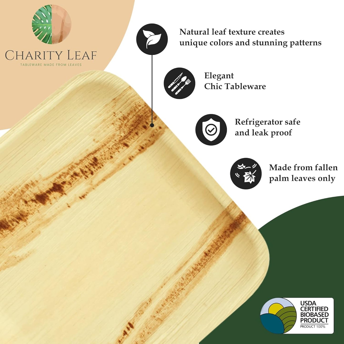 Charity Leaf Disposable Palm Leaf 15" x 10" Trays (10 pieces) Bamboo Like Serving Platters, Disposable Boards, Eco-Friendly Dinnerware For Weddings, Catering, Events