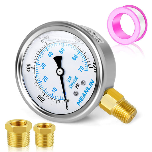 MEANLIN MEASURE 0~1000Psi Stainless Steel 1/4" NPT 2.5" FACE DIAL Liquid Filled Pressure Gauge WOG Water Oil Air Lower Mount, with 1/4" x 1/2" NPT and 1/4" x 3/8" NPT Hex Bushing