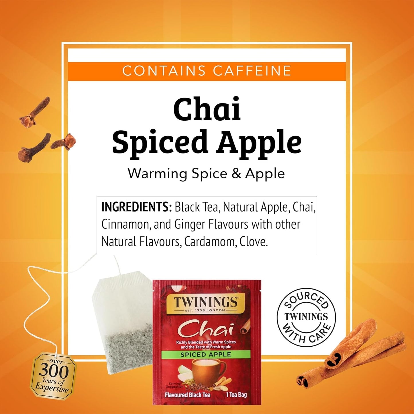 Twinings Spiced Apple Chai Black Tea Individually Wrapped Bags, 20 Count (Pack of 6), Sweet, Savoury Spices, Caffeinated, Enjoy Hot or Iced, 120 Teabags