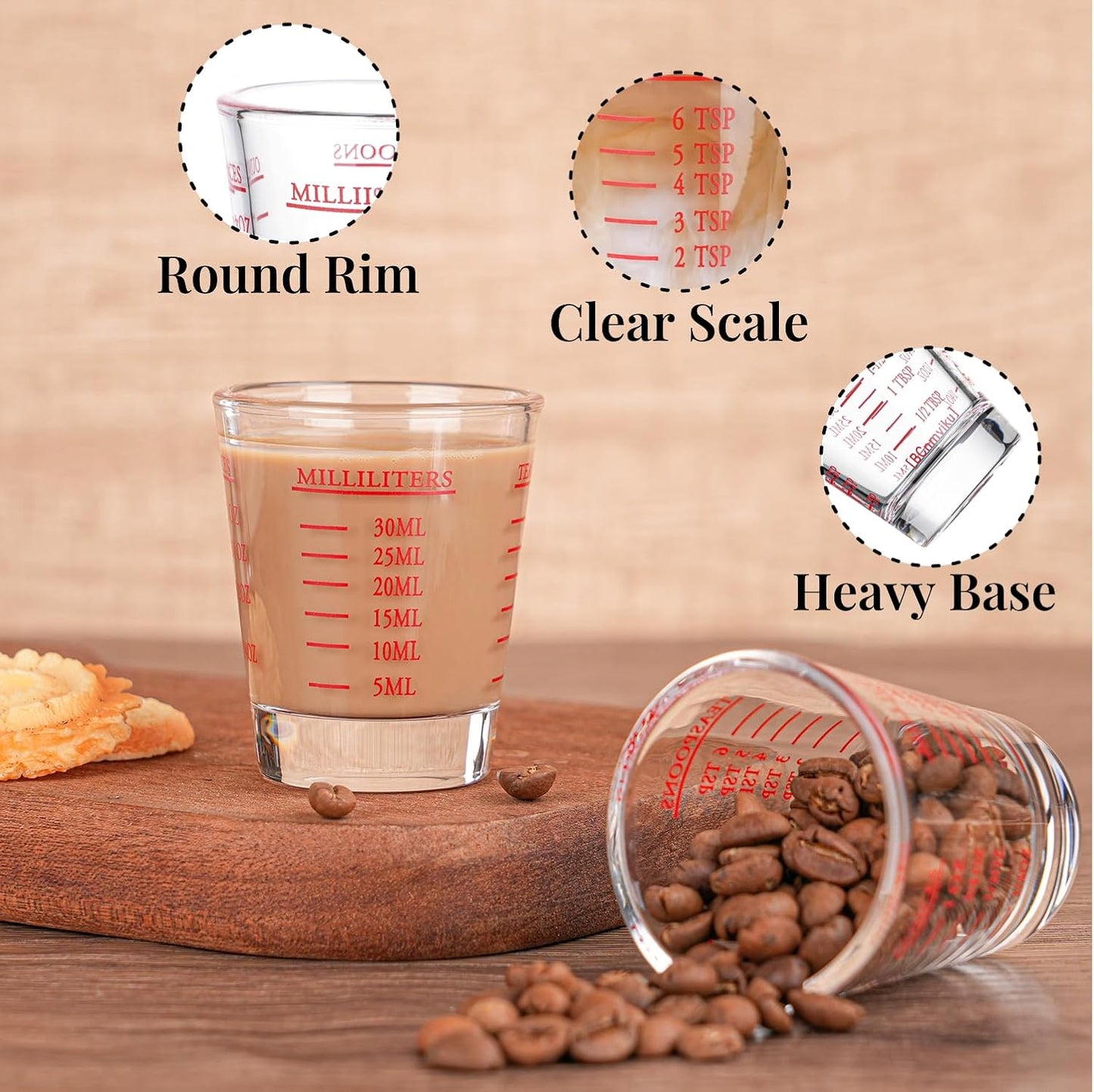Measuring cup Espresso Shot Glass Liquid Heavy Glass Wine Glass 26-Incremental Measurement 1oz, 6 Tsp, 2 Tbs, 30ml (2 pack-red)