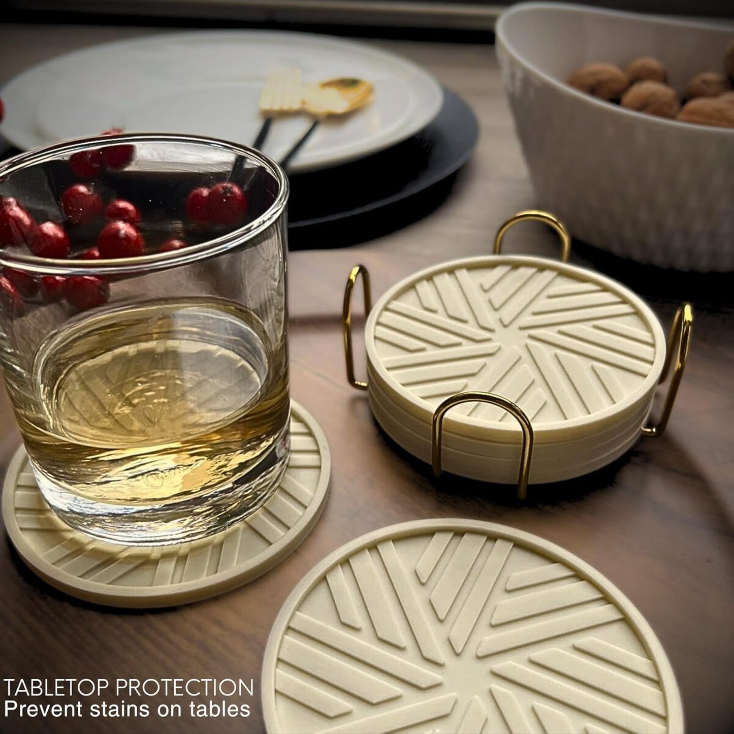 Silicone Coasters for Drinks, Set of 6 with Gold Holder and Modern Elegant Pattern, Unique Protection for Coffee Table, Living Room Decor and Housewarming Gift