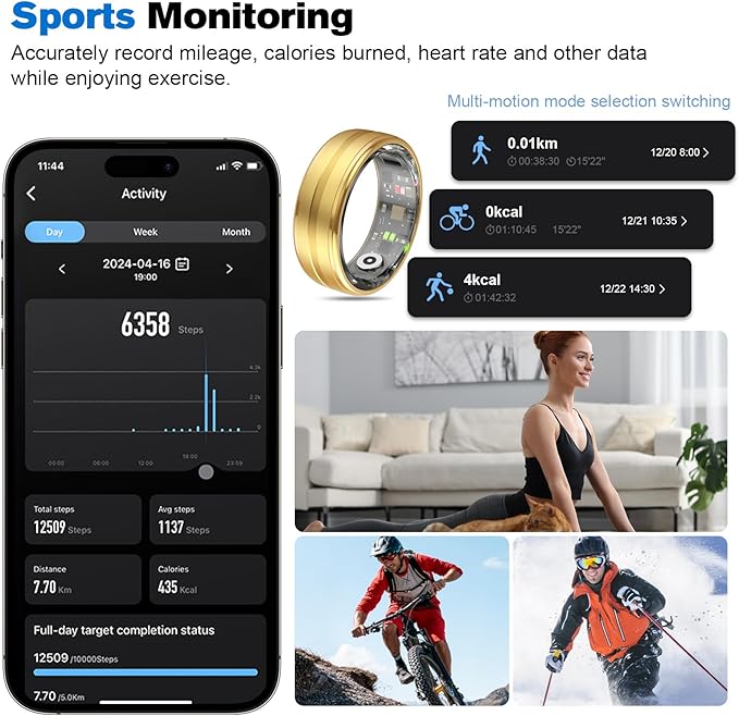 Smart Ring Health Tracker for Men/Women,Fitness Ring Sleep Tracker,Fast Charging for Long-Lasting Use,for Pedometer Exercise,Monitor Sleep, Heart Rate, Stress,Waterproof (Gold, 8)