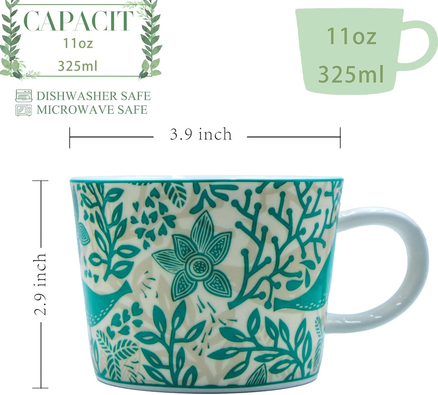 11 oz Mugs Set of 4 Porcelain Coffee Mugs Flower Mug Handle Oatmeal Milk Breakfast cup Painted Bone China Round Coffee cup