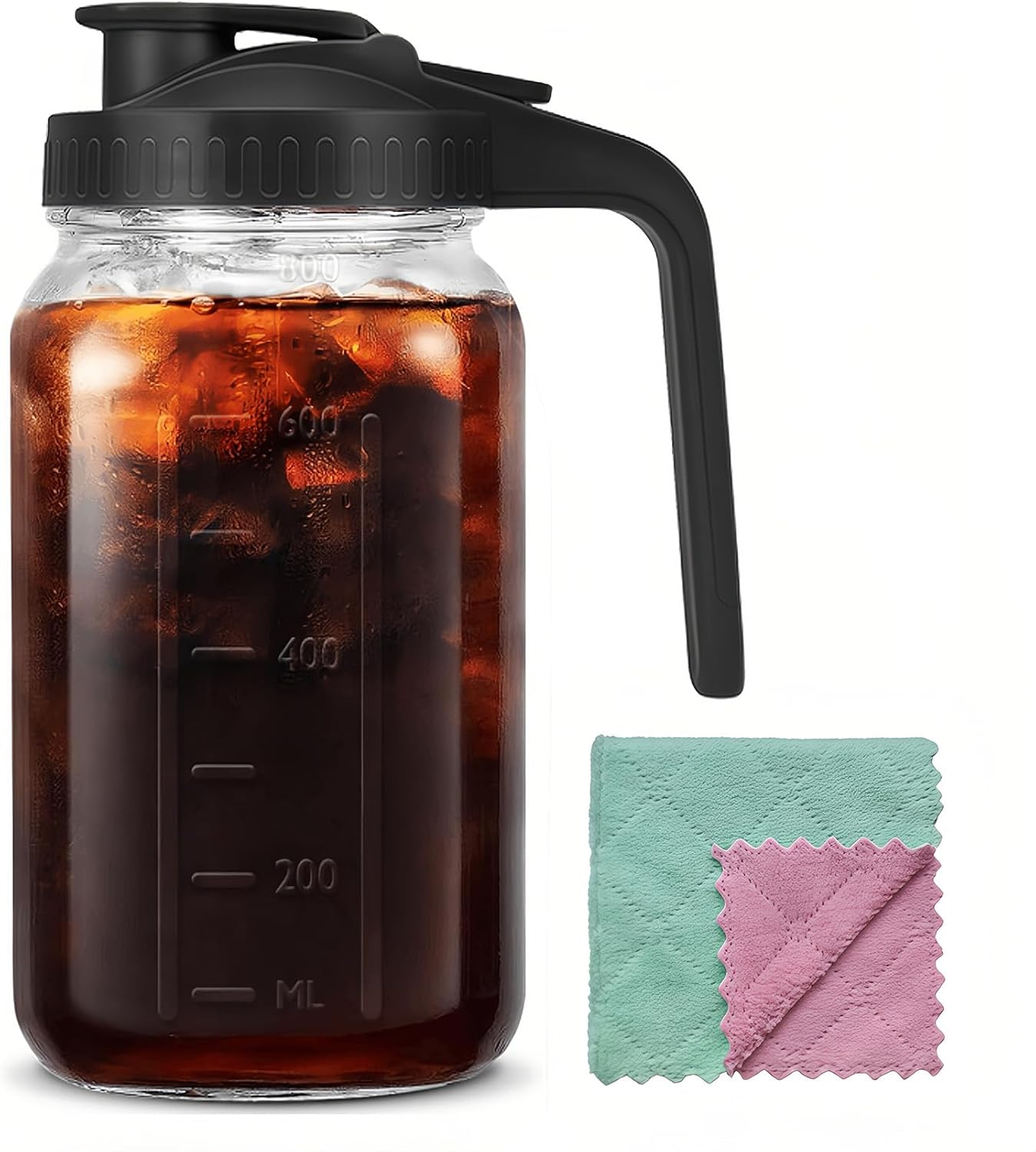 32oz Glass Pitcher Carafes With Handle and Lid, 1 Quart Mason Jar, Large Water Jug, Glass Containers for Fridge, Water Pitcher for Juice, Iced & Sun Tea, Cold Brew Coffee, Homemade Beverage