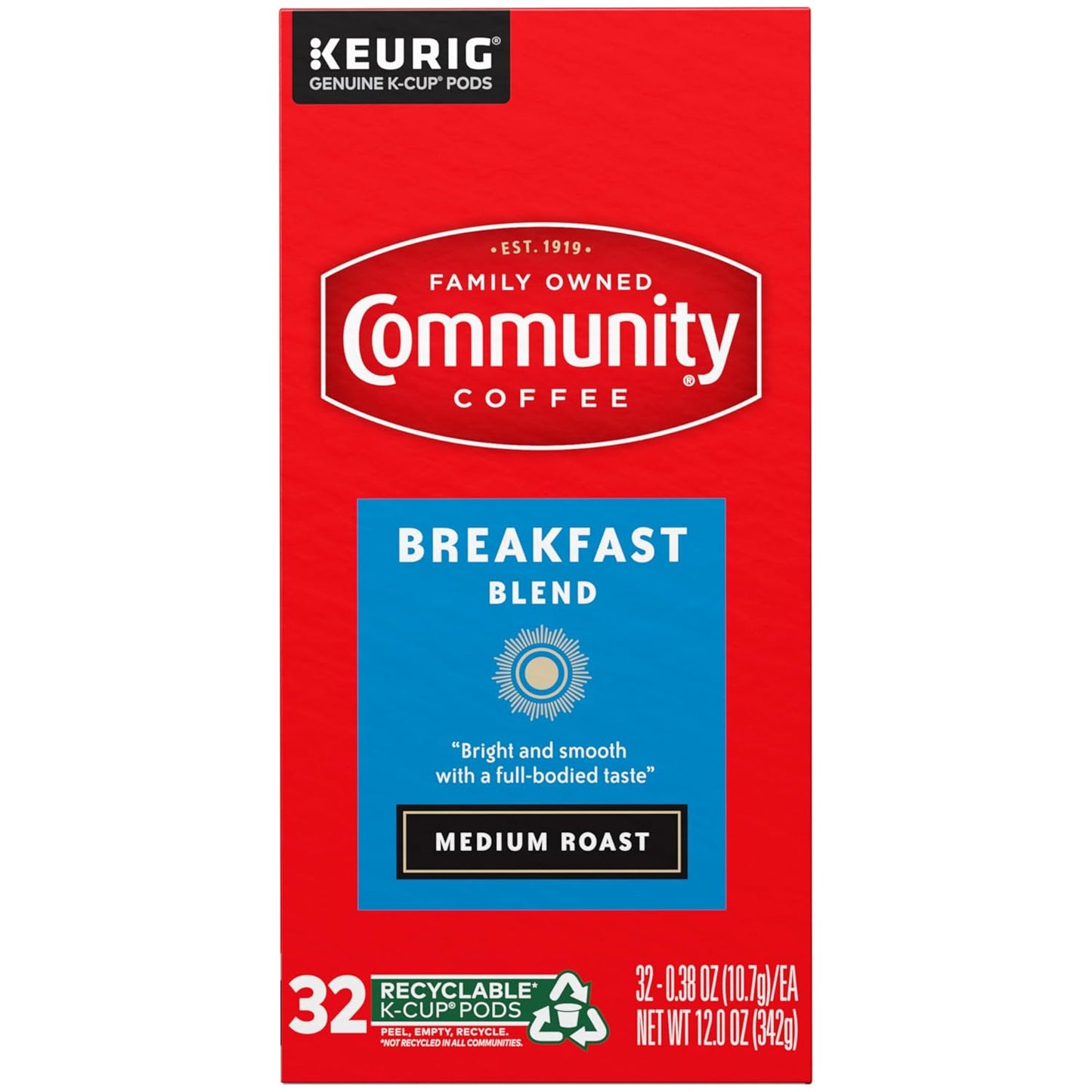 Community Coffee Breakfast Blend, Medium Roast, Single-Serve Keurig K-Cup Pods, 32 Count (Pack of 4)