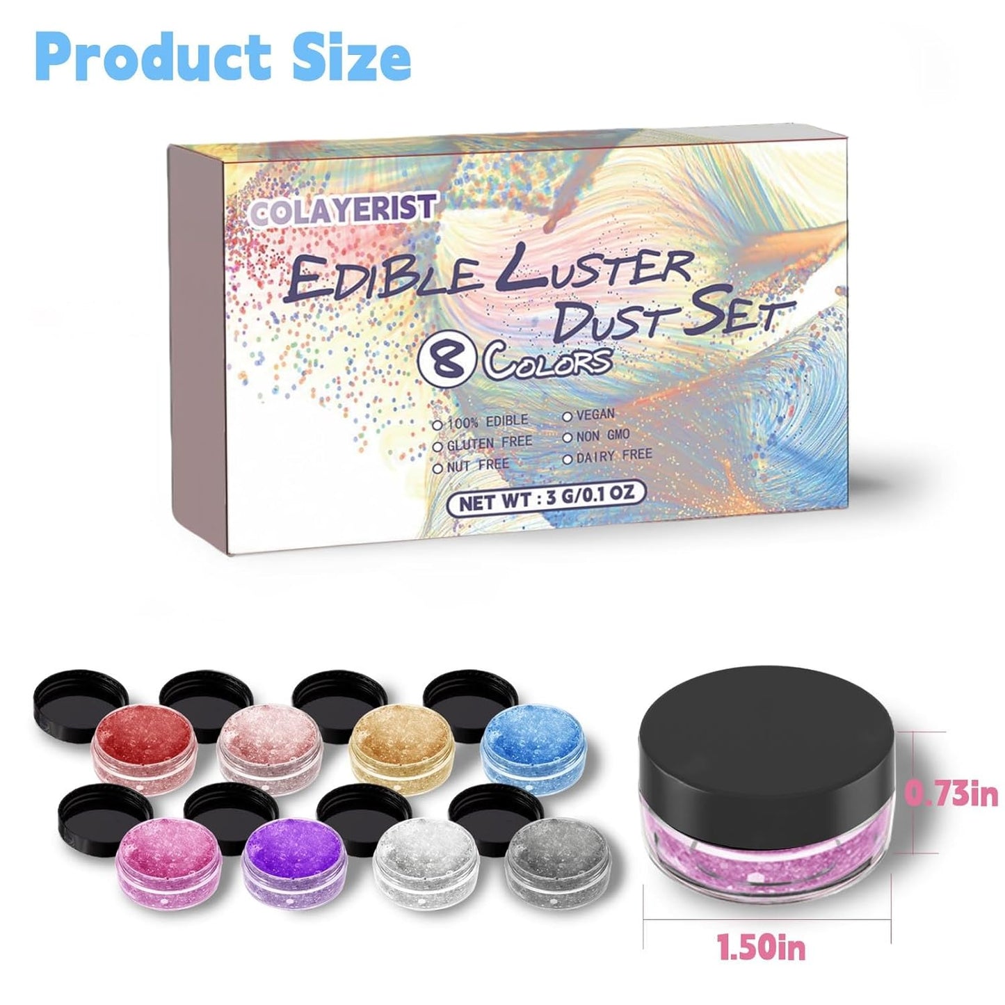 COLAYERIST Edible Glitter, 8 Colors Edible Glitter for Cocktails Drinks Cakes Cookies, Food Grade Vegan Luster Dust Edible, Drink Cocktail Champagne Food Cake Glitterr Bomb, 3g/Bottle